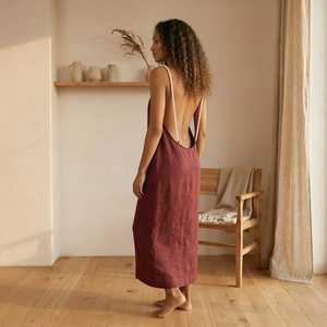 Vestido Maxi de Lino sin Espalda para Mujer con Tirantes de Perlas, Espalda Profunda, Vestido de Playa de Verano, Cintura Natural Sólida, Estilo Elegante y Minimalista - Product Image 1