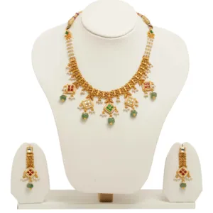 Elegant 22k Gold Necklace <b>Set</b> with Earrings Red and Green Stone Indian <b>Bridal</b> <b>Jewelry</b> for Wedding & Party Wear - Product Image 3