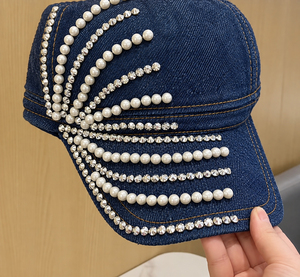 Black Embellished Baseball <b>Cap</b> for <b>Women</b>, Rhinestone Pearl Studded Hat, Glam Fashion Accessory, Statement Streetwear - Product Image 2