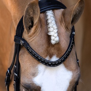 Frontal de cheval en cuir épais de qualité supérieure, fait sur mesure, avec cristaux carrés noirs et chaîne Mega Bling. - Product Image 1
