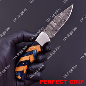 Custom Engraved Damascus Folding Knife 256 Layers Blade Wood Epoxy Handle Men's EDC Pocket Knife Camping Knife <b>Leather</b> Sheath - Product Image 3