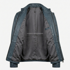 Veste en cuir bleue personnalisée pour homme, fournisseur en gros, OEM ODM, effet vieilli, multi-poches, col montant, manteau d'extérieur - Product Image 3