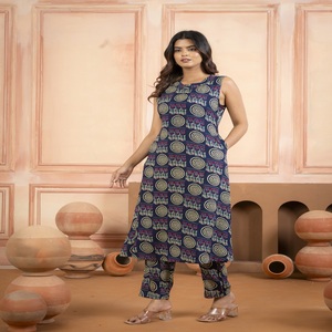 ชุดคุर्ติพิมพ์ลายสีน้ำเงินสำหรับผู้หญิง ชุดกางเกงขายาวแบบไม่มีแขน สไตล์ชาติพันธุ์ ชุดคุर्ติทรงตรงแบบลำลอง - Product Image 4