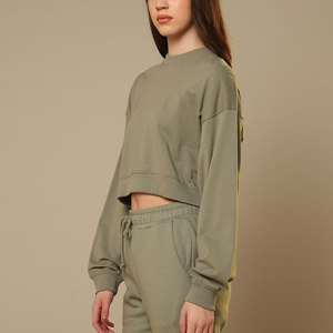 Women's Olive <b>Green</b> <b>Cropped</b> Sweatshirt Set Crew Neck Long Sleeve Loose Fit Casual Knitted Solid Color Knee Length - Product Image 2