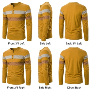 Mens Multi Color Striped Henley Shirts Long Sleeve Crew Neck Button Tee Comfortable Cotton Patchwork Yellow Urban Pullover Tops - Product Image 2