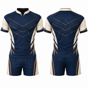 Ensemble de maillot de rugby bleu marine personnalisé pour hommes, manches courtes, col montant, polyester respirant sublimé, uniforme sportif d'équipe pour adultes - Product Image 3