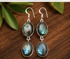Natural Labradorite <b>Dangle</b> <b>Earrings</b> 925 <b>Sterling</b> <b>Silver</b> Handmade Oval Gemstone <b>Earrings</b> Blue Flash Labradorite Jewelry for Women - Product Image 1