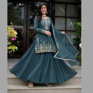 Designer Roman Cotton <b>Lehenga</b> Choli Set with Embroidered <b>Top</b> & Chanderi Silk Dupatta Wholesale Ethnic Wear by Aarika Textile - Product Image 2