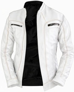 Blouson moto en cuir PU beige pour homme, col montant, fermeture éclair, coupe ajustée, manches classiques, idéal pour l'automne - Product Image 2