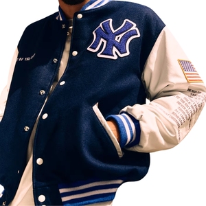 Premium Blueprint x New York Varsity <b>Jacket</b> | Blue & <b>White</b> Full-Snap Edition Wholesale Luxury Streetwear Outerwear - Product Image 1