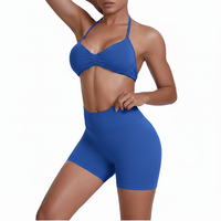 Ensemble de yoga pour femme : Short taille haute galbant les fesses et brassière de sport dos nu à nouer, couleur unie, respirant, léger, taille élastique