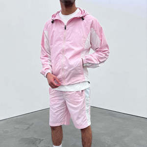 Custom Colorful Windbreaker Set Men’s Hooded Zip <b>Jacket</b> Matching Shorts Color Block Lightweight Outdoor Sportswear Athletic - Product Image 2