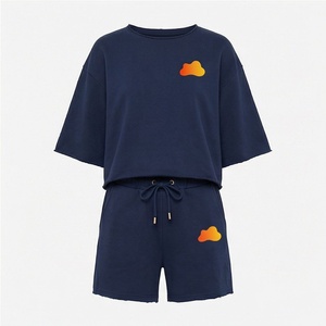 Ensemble 2 pièces pour femmes, short en coton bleu marine avec imprimé nuage orange, haut décontracté à col rond et short au-dessus du genou, printemps - Product Image 1