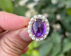 Vintage Amethyst <b>Ring</b> Sterling Silver Pearl Halo Oval Gemstone Antique Style Women Jewelry - Product Image 1