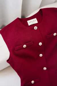 Women's Two Piece Outfit Feminine <b>Red</b> Vest <b>Top</b> and Pleated Skort Set Gold Button Peplum <b>Top</b> Polyester/Spandex SAHRA - Product Image 5