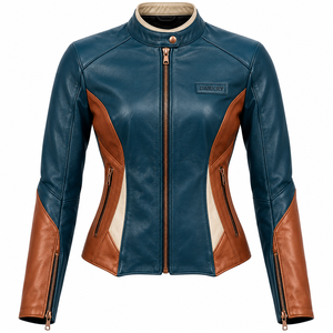 Darkry Custom <b>Womens</b> Teal Blue Cognac <b>Brown</b> Genuine <b>Leather</b> Racing <b>Jacket</b> Real Cowhide Motorcycle Biker Rider Sportswear Apparel - Product Image 1