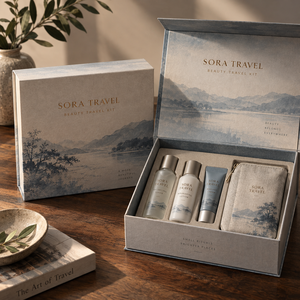 Kit de Viaje de Belleza SORA Personalizado, Caja de Empaque Magnética Estilo Libro - Product Image 1