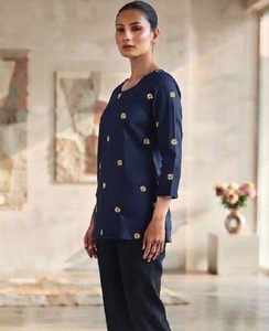 Trendy Navy Blue Cotton Tunic With <b>Gold</b> Embroidery Traditional Loose Fit Casual Wear India Pakistan Style Daily Wear Tunic Top - Product Image 1