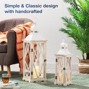 <b>Set</b> of 2 Rustic White Wooden <b>Lantern</b> Candle Holders Farmhouse Decorative <b>Lanterns</b> Wedding Home Decor - Product Image 2