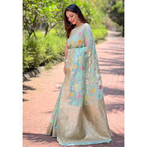 Sari de organza tejido con diseño floral Meenakari azul cielo y bordado Zari de Elite Weaves, ideal para la noche. - Product Image 1