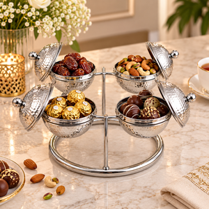 Ensemble de bols en acier inoxydable avec support de présentation rond, vaisselle martelée pour dattes, chocolats, fruits secs, noix, collations, sucreries - Product Image 3