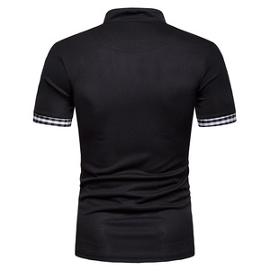 Chemise pour homme bleu foncé à manches courtes, tissée, avec col et poignets à carreaux, style décontracté, coupe classique, 100% polyester respirant - Product Image 3