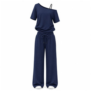 Ensemble décontracté pour femmes, haut à épaules dénudées à manches courtes, <span class=keywords><strong>pantalon</strong></span> à jambes larges avec cordon de serrage, tenue assortie en 2 pièces - Product Image 6