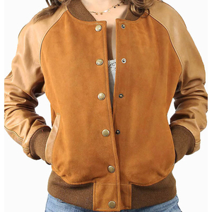 Chaqueta Bomber de Cuero Genuino para Mujer, Estilo Vintage, Gamuza Suave, Talla Grande, Chaqueta Bomber de Cuero Marrón con Jeans - Product Image 1