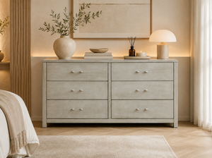 Modern <b>6</b> <b>Drawer</b> Solid Wood Dresser in Gray Panel Design for Bedroom Minimalist Style Freestanding Vietnam Storage Furniture - Product Image 1