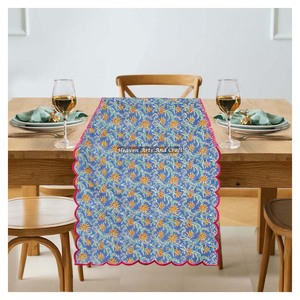 Elegant Indian Hand Block Floral Print Cotton Embroidery Edge <b>Table</b> <b>Runner</b> Beautiful Flower Print For Outdoor Parties <b>Weddings</b> - Product Image 4