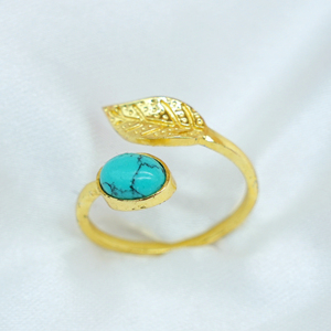 Bague en turquoise naturelle plaquée or et argent, faite à la main, motif feuille, pierre précieuse, bague ouverte, bijoux fins tendance - Product Image 4