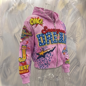 Snowgrace Pink <b>Leopard</b> <b>Print</b> Zip-Up Hoodie Unisex Streetwear Crop Fit Embroidered Design Oversized Hooded <b>Sweatshirt</b> - Product Image 2