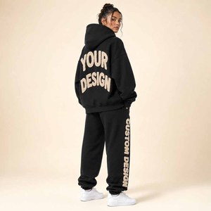 <b>Women's</b> Hooded Tracksuit <b>Set</b> 2 Piece Black Embroidery Logo Print <b>Women</b> Casual Sportswear Full Length Loose Fit - Product Image 2