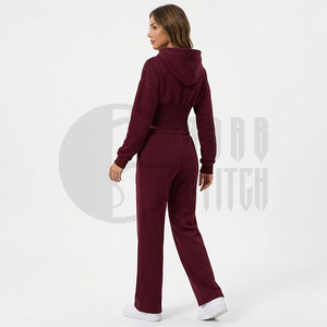 Conjunto Deportivo de Moda 2026 para Mujer, Sudadera Corta con Capucha, Cintura Elástica, Felpa, Poliéster/Algodón, Estilo Urbano, Color Borgoña, 2 Piezas - Product Image 6