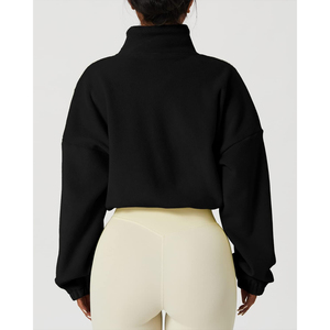 Sudadera Corta Oversize de Forro Polar Negro para Mujer con Cremallera, Cuello Alto, Hombros Caídos, Manga Larga, Color Sólido, Ideal para Otoño, Alta Demanda - Product Image 2