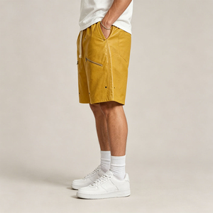 Men's Yellow PU Coated Bermuda <b>Shorts</b> Mid Waist Drawstring Casual Style With Zippers Breathable Fabric - Product Image 3