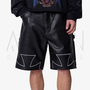 Shorts en cuir baggy de qualité supérieure, couleur noire, avec appliqué croix, style streetwear urbain, nouvelle collection, fournisseur de premier plan, OEM ODM. - Product Image 5