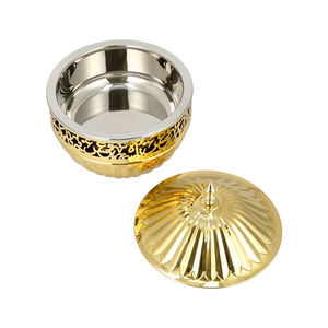 Tulip Design Polished Eco-Friendly Gold Plated Aluminum Small Round Arabic Dates Bowl Snack Dish with Cover for Wedding - Product Image 1