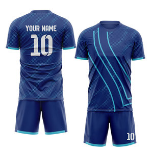 Custom Blue Soccer Uniform Men's Short Sleeve Jersey With Geometric Print Quick Dry Polyester Training Kit Adult Size - Product Image 4