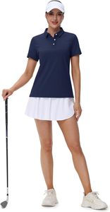 Polo à manches courtes pour femme, bleu marine uni, décontracté, respirant, tissé - Product Image 4