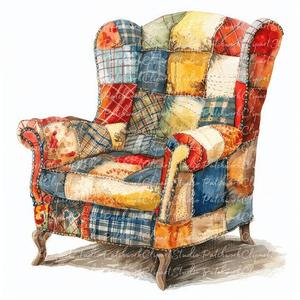 Fauteuil pivotant moderne en tissu patchwork avec dossier ailé et pieds en bois, idéal pour salon, chambre, appartement, hôtel, maison - Product Image 2