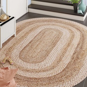 Oval Jute Braided Area <b>Rug</b> Striped Natural Farmhouse Style Flat Weave Non-Slip Living Room Decor - Product Image 5