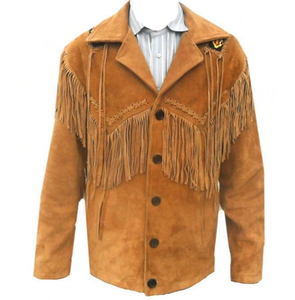 Chaqueta de Cuero Genuino para Hombre, Impermeable, con Bordado de Flecos, Cuello Camisero, Cierre de Cremallera, Diseño Sólido, Estilo Casual para Otoño - Product Image 1