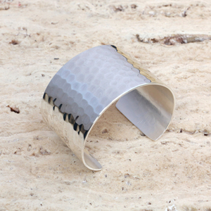 Handmade <b>Hammered</b> Brass Cuff Bracelet Wide <b>Silver</b> Plated Boho Statement <b>Bangle</b> - Chunky Adjustable Metal Wristband Jewelry - Product Image 2