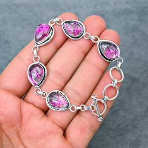 Pulsera de Cabujón de Rutilo Rosa, Hecha a Mano, Plata de Ley Oxidada, Joyería con Piedras Preciosas, Regalo Elegante para Mujer - Product Image 4
