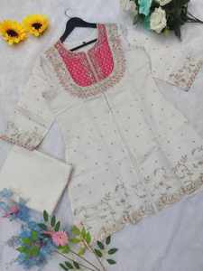 Ensemble traditionnel crème haut et bas avec broderie rose, coupe ample, vêtements ethniques, doublure en coton, pour femmes, tenue de fête, toutes saisons - Product Image 6