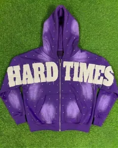 Sweat à capuche zippé brodé de strass 2026 pour homme, coupe oversize, effet délavé, style streetwear, 100% coton French Terry sur le devant - Product Image 1