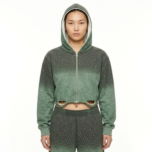 Vintage Winter Washed <b>Cropped</b> <b>Zip</b>-<b>Up</b> <b>Hoodie</b> Unisex Slim Fit Oversized Streetwear Rhinestone Print Digital Acid Wash Fleece - Product Image 3