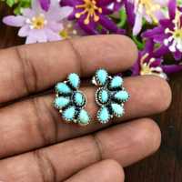 Handgefertigte Türkis-Halbmond-Cluster Feine Ohrstecker 925 Sterling Silber Florale Ohrringe Südwestlicher Feiner Ohrschmuck