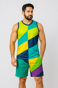 Men's Geometric Tank Top And <b>Shorts</b> Set Crew Neck Quick Dry Knitted <b>Polyester</b> Sporty Summer Outfit - Product Image 1
